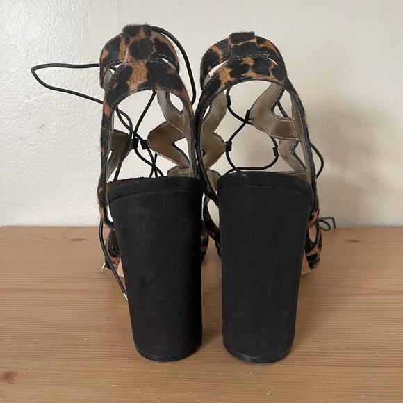 Sam Edelman Block Heels Strappy Sandals 8.5 Gladiator Dyed Cow Fur Leopard Print - Picture 7 of 11